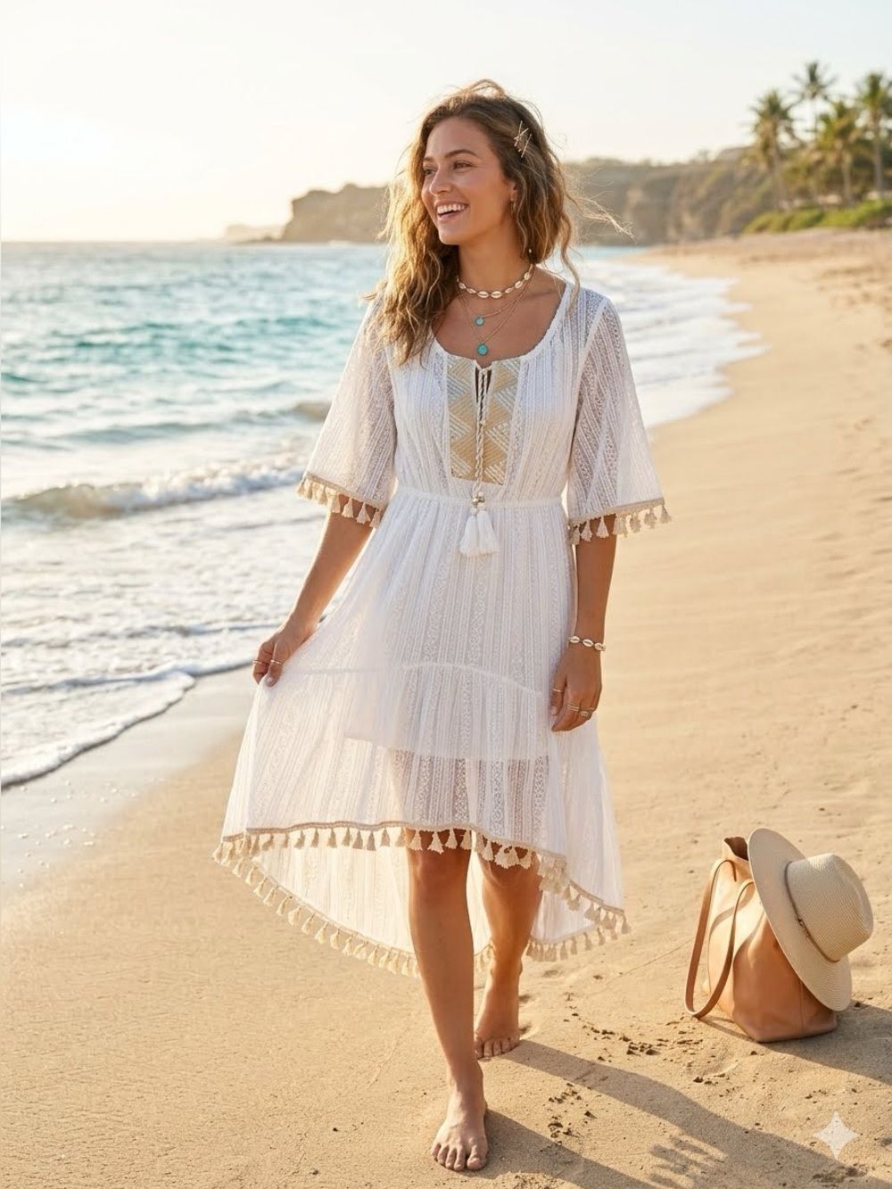 (H0) Lara White Lace Dress with Gold Sequin Trim, ruffles, size M